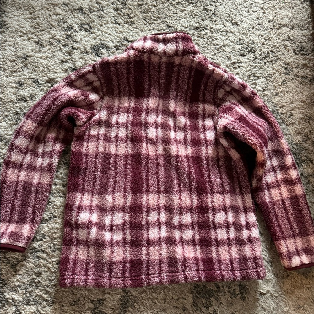 Columbia  Burgundy and Light Pink Plaid Fleece Puffer Jacket - Picture 2 of 5